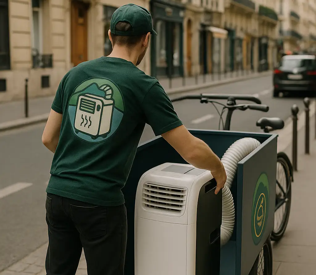 Livreur Climloc transportant un climatiseur mobile à vélo-cargo dans une rue parisienne
