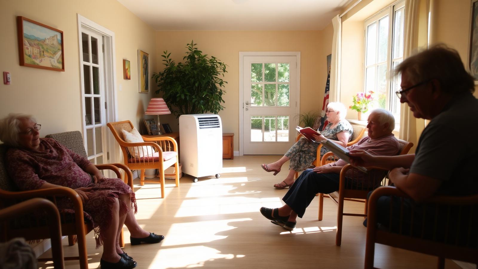 Salle commune d'un EHPAD rafraîchie par un climatiseur mobile pendant une vague de chaleur