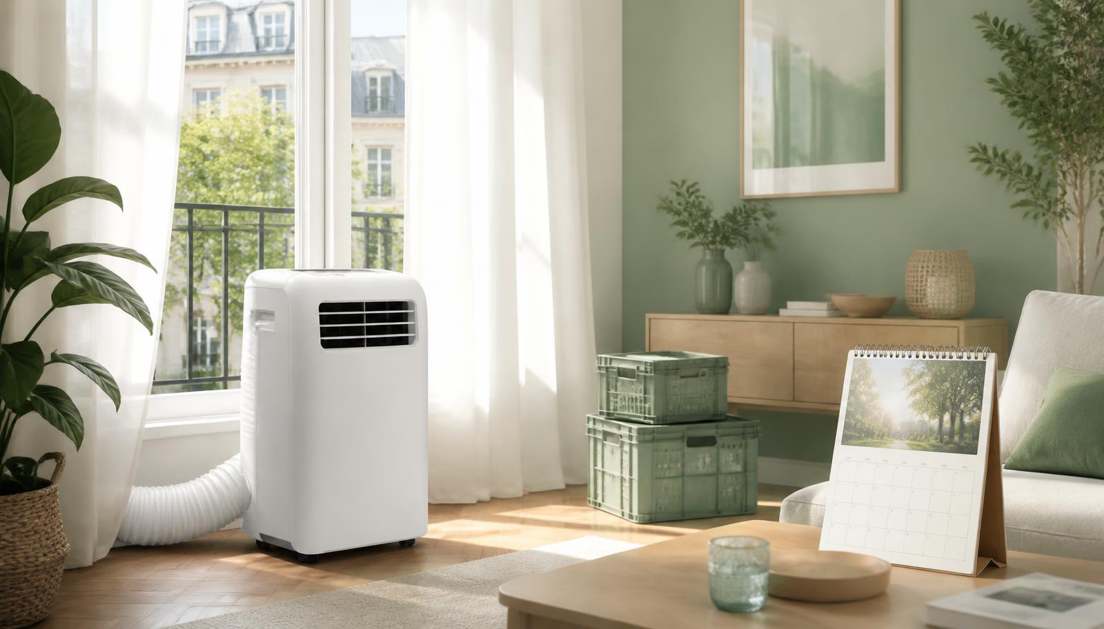 Climatiseur mobile Climloc installé dans un salon lumineux, prêt pour la saison estivale